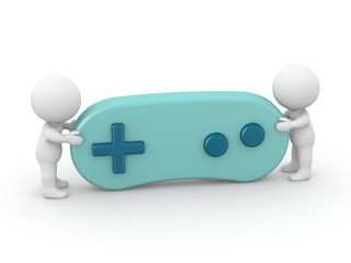 Multiplayer Concept - 3d guys holding large gamepad © Lucian_3D