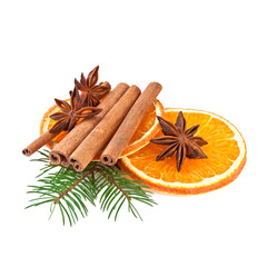 Orange Slices and Cinnamon with Fir branch isolated on White