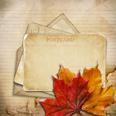 Grungy autumn background with cards and maple leaves