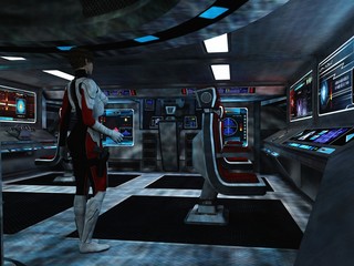 Scifi female trooper in command and control centre - obrazy, fototapety, plakaty