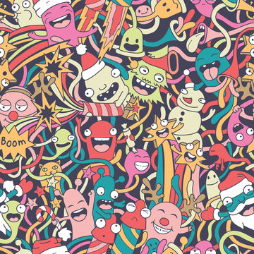 Fototapeta Christmas seamless pattern with cute crazy monsters