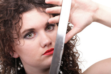Naklejka premium Portrait curly woman curly girl and sword