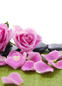 Spa stones with rose flower with petals on green mat