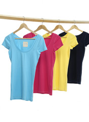 Four colorful on wooden hangers