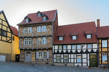 the street with half-timbered houses in Quedlinburg, Germany