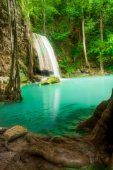 Blue stream waterfall in Kanjanaburi Thailand (Erawan waterfall