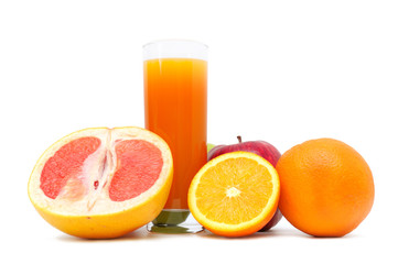 Glass with juice and fruits isolated on white