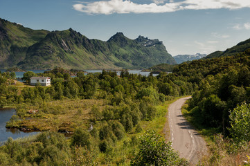 Winding road at Lofoten in northern Norway