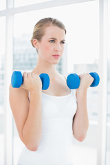Concentrated fit woman exercising with dumbbells