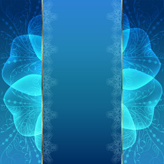 Blue background with flowers and snowflakes