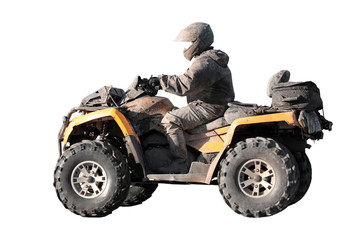 Fototapeta premium Dirty off-road yellow ATV with rider isolated on white