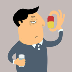 Sicked man feel bored and disgusted with eating pill.