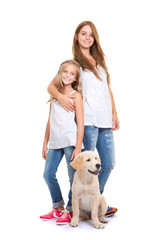 kids with golden labrador, retriever puppy