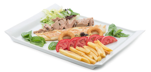 Tuna fish with onion rings on plate isolated on white background