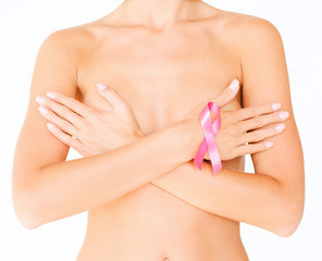 naked woman with breast cancer awareness ribbon