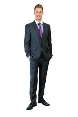 Full body portrait of happy smiling business man, isolated on wh