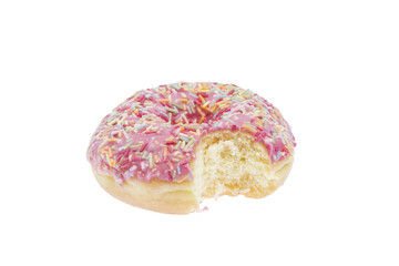 Donut with pink glaze and bite isolated