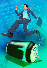 Businessman running on an energy drink can