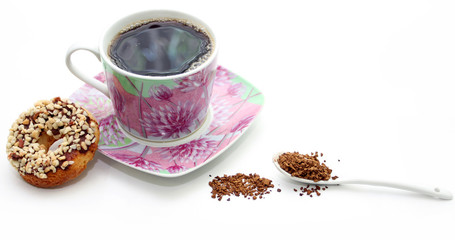 Porcelain cup with instant coffee and cookies