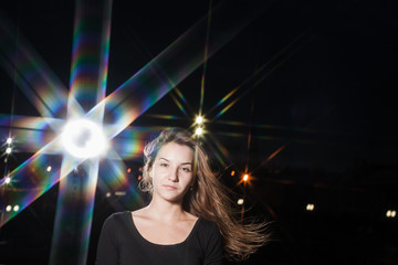 beautiful 20s girl on night city background