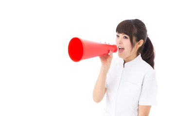 young asian nurse cheering on white background