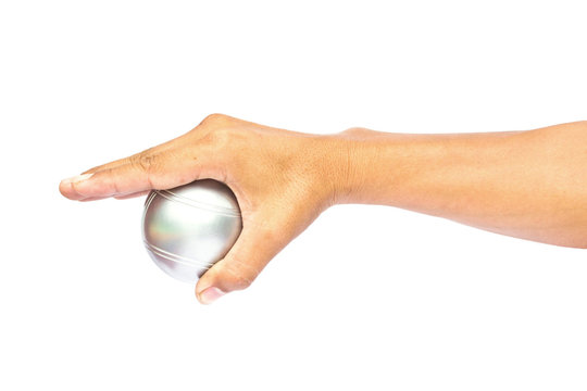 Man and petanque ball in hand on white background