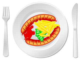 gedeckter Tisch mit Würstchen und Pommes