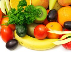 fresh fruits and vegetables on white