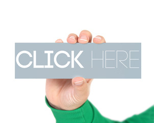 woman holding a label with click here