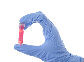 Hand holding test tube isolated on white background