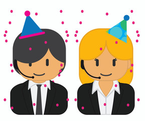 Man and woman wearing headsets