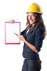 Woman with hard hat and binder