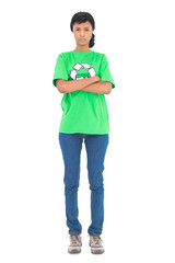 Fototapeta premium Frowning black haired ecologist posing with crossed arms