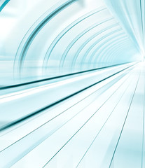 wide angle view of modern light blue illuminated hall