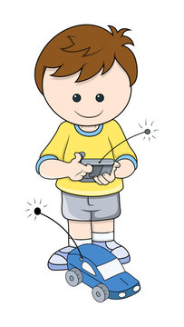 Boy Playing with Electronic Car Vector