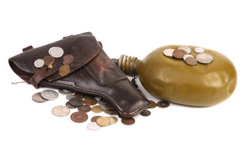 Gun and flask on coins.