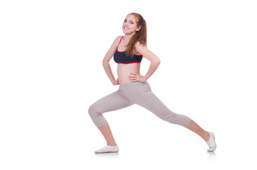 Young woman doing exercises on white