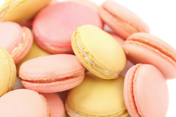 Background of several various macaron cakes.