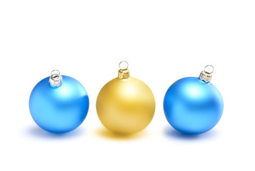 three christmas balls two blue and one yellow