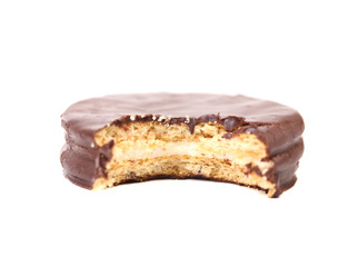 Bitten biscuit sandwich with chocolate.