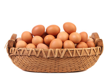 Brown eggs in the basket.