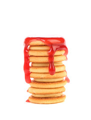 Stream red syrop and stake biscuit sandwich.