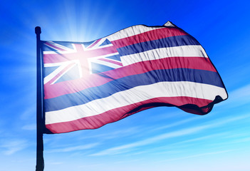 Hawaii (USA) flag waving over the sky