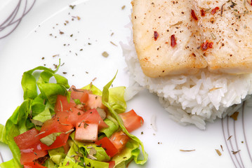 Catfish filet with rice and salad on a plate