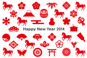馬　2014　年賀状　紅白