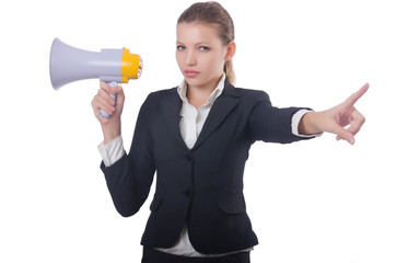 Woman with loudspeaker on white