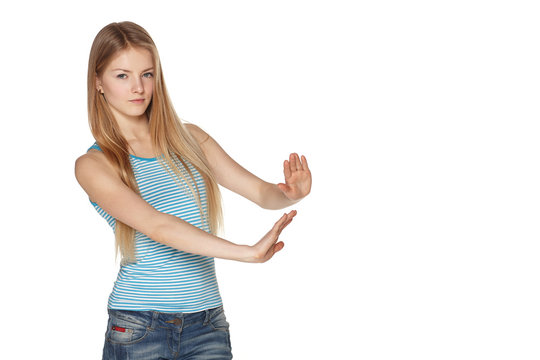 Woman making refuse gesture