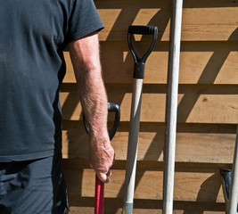 gardening man's arm with garden tools