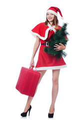 Young woman in red santa costume on white