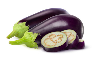 Isolated eggplants. Whole and cut eggplants isolated on white background